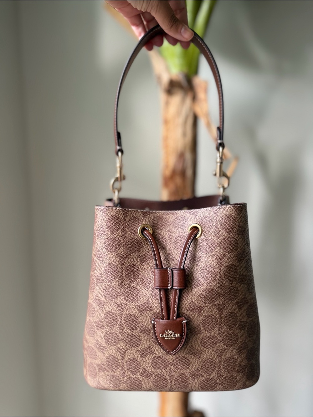 Coach Brown Signature Drawstring Bucket Shoulder Bag